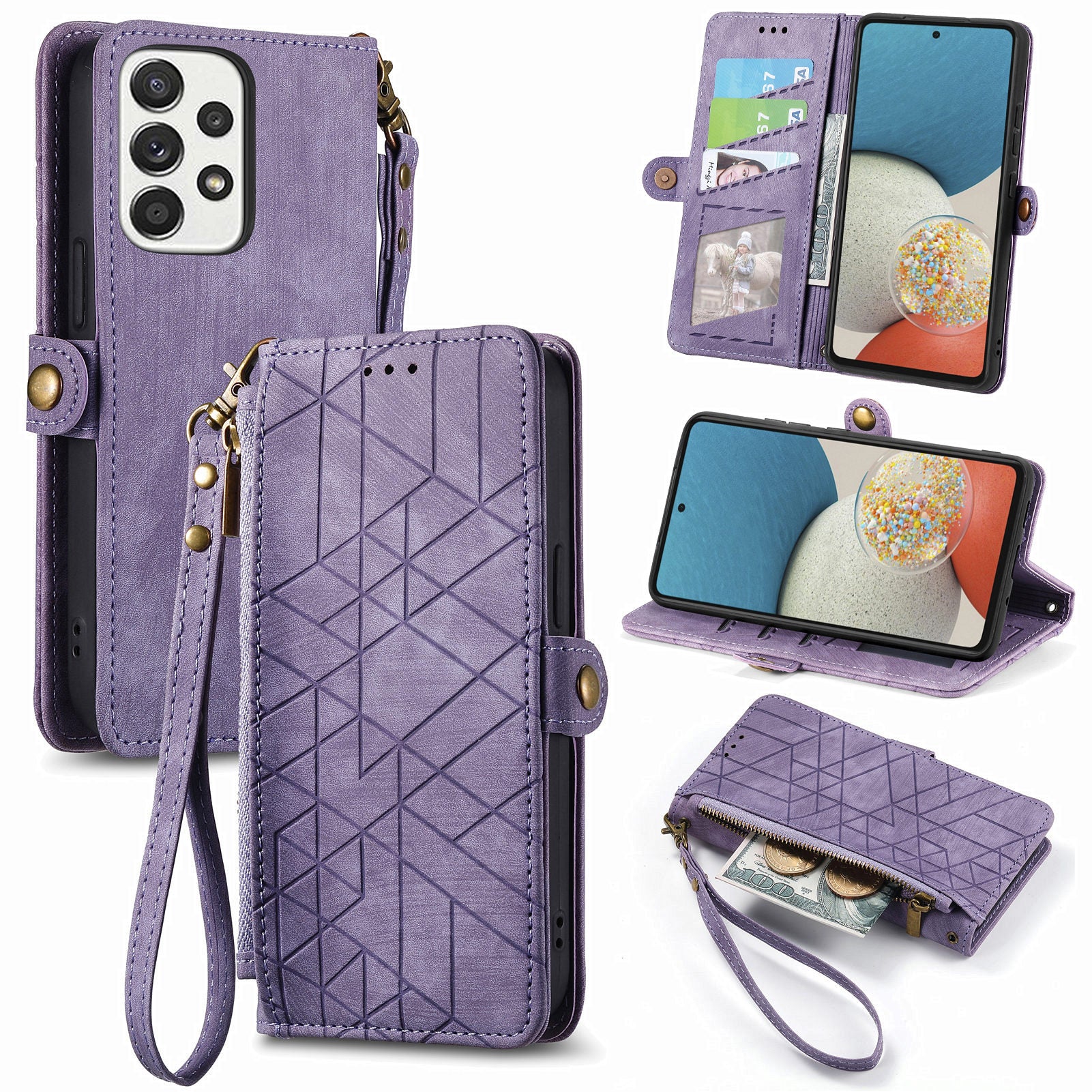 For Samsung Galaxy A53 5G Geometry Imprinted Phone Cover Zipper Pocket Leather Case with Wallet Stand For Samsung Galaxy A53 5G Geometry Imprinted Phone Cover Zipper Pocket Leather Case with Wallet Stand
